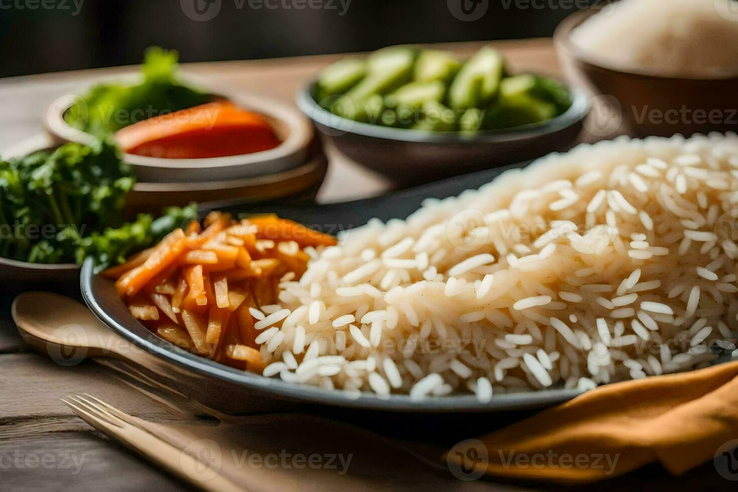 een bord van rijst- en groenten Aan een tafel. ai-gegenereerd foto