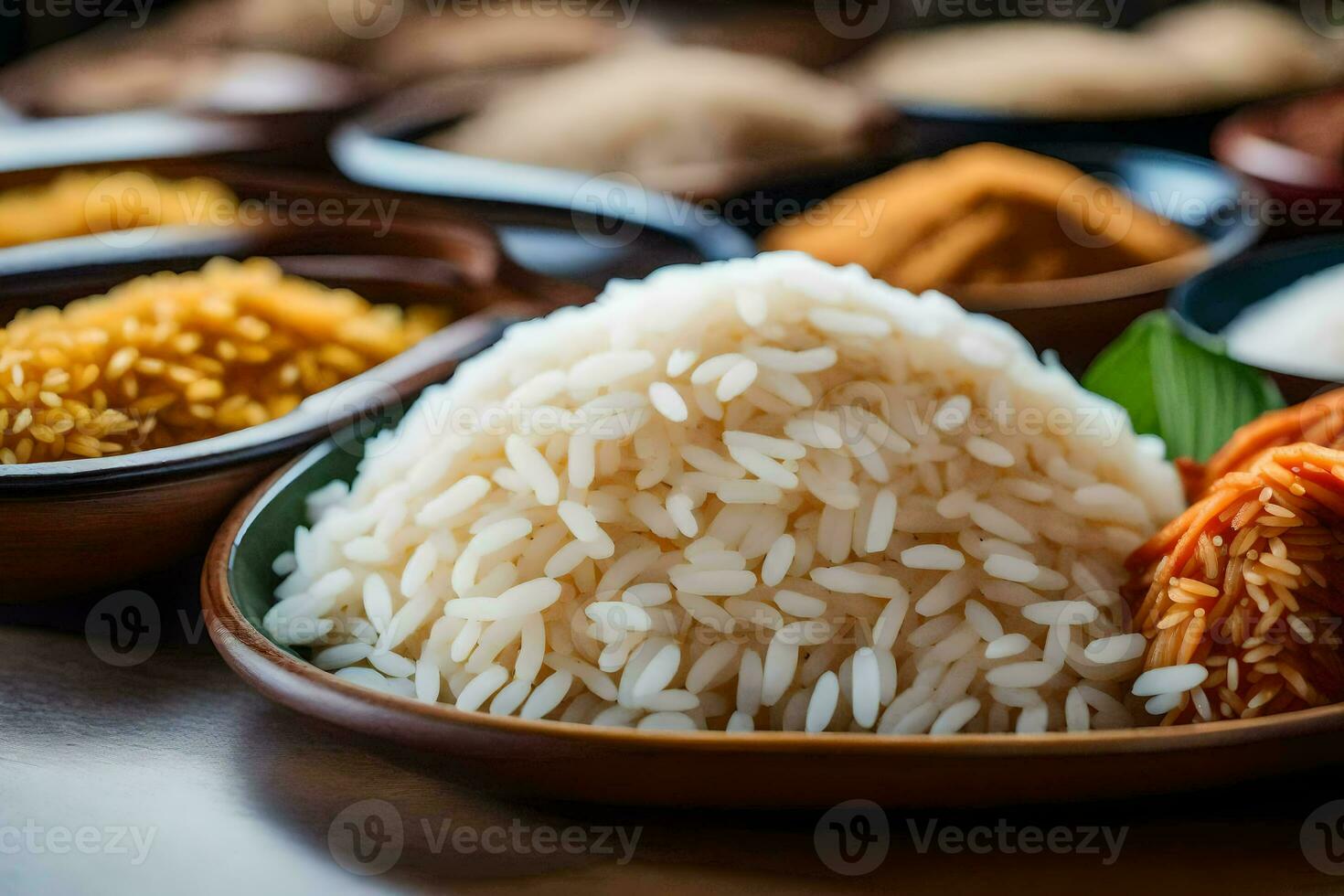 een verscheidenheid van rijst- gerechten zijn getoond Aan een houten tafel. ai-gegenereerd foto