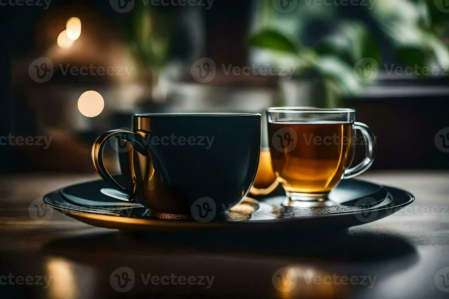 twee cups van thee Aan een bord. ai-gegenereerd foto
