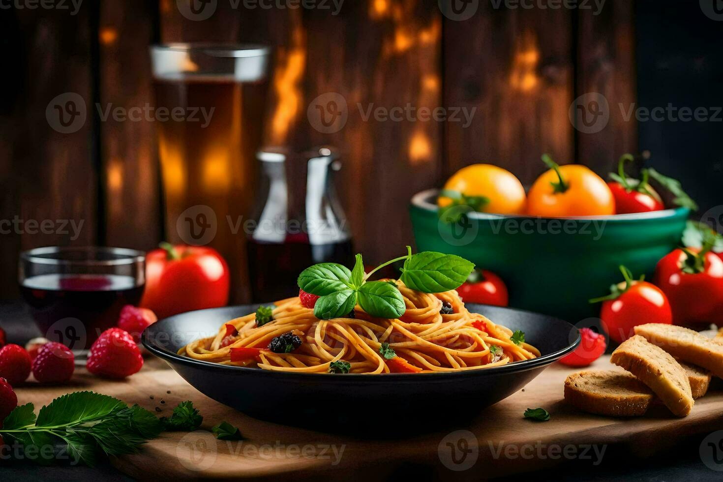 spaghetti met tomaten, basilicum en brood Aan een houten tafel. ai-gegenereerd foto