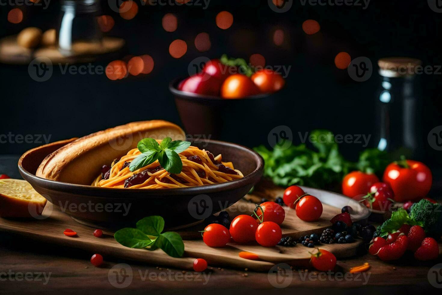 spaghetti met tomaat saus in een kom Aan een houten tafel. ai-gegenereerd foto