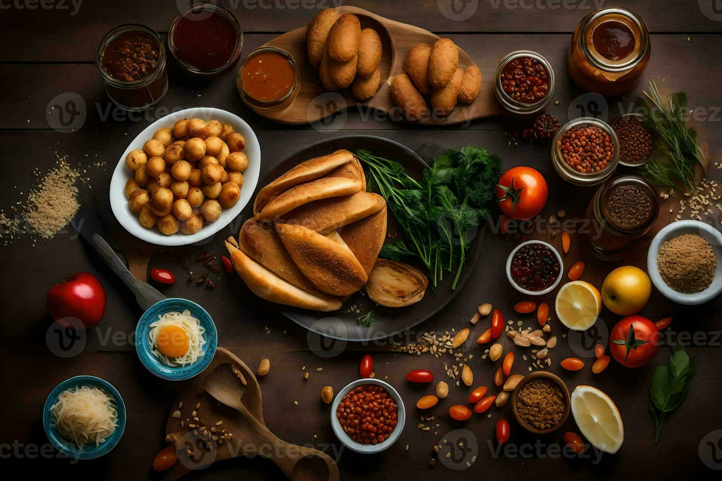 divers ingrediënten zijn geregeld Aan een tafel. ai-gegenereerd foto