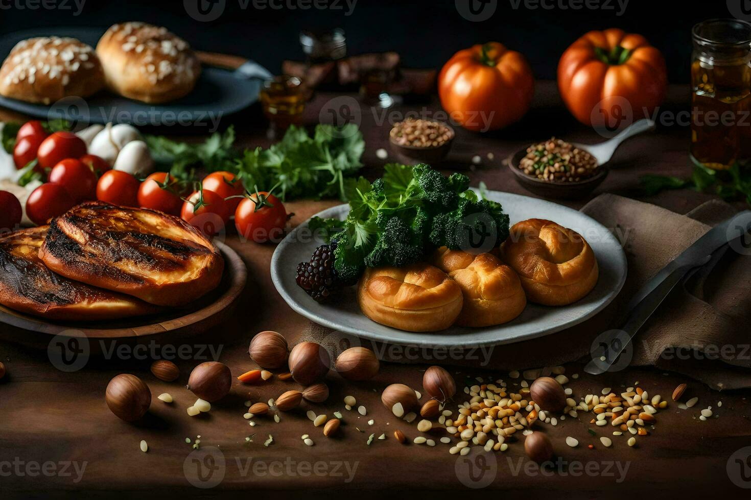 een tafel met voedsel en brood Aan het. ai-gegenereerd foto