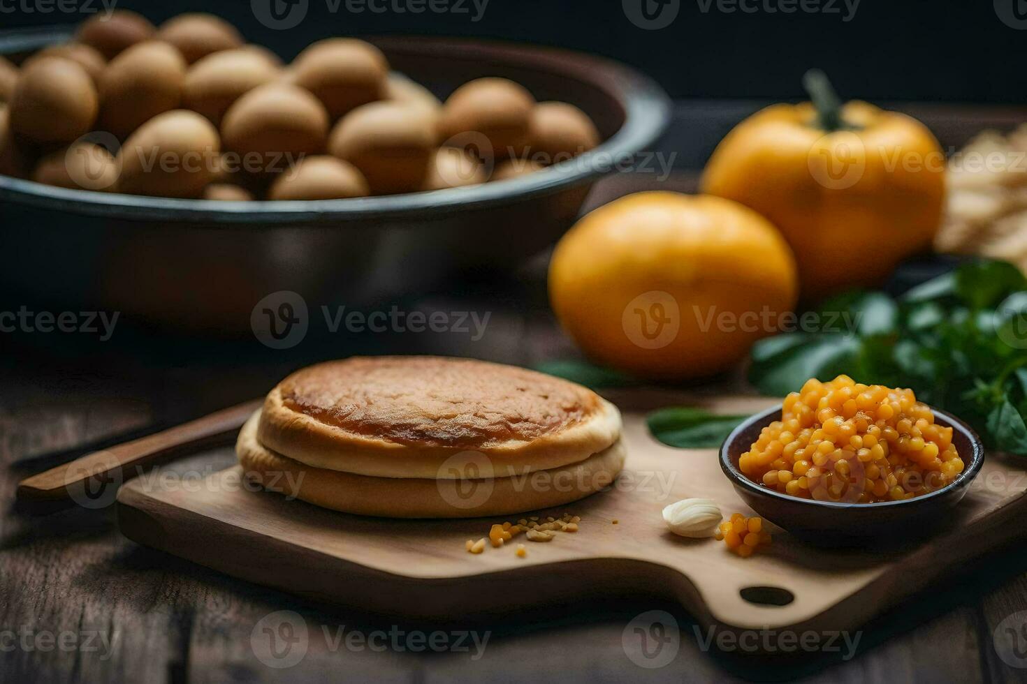 pannekoeken en andere ingrediënten Aan een houten tafel. ai-gegenereerd foto