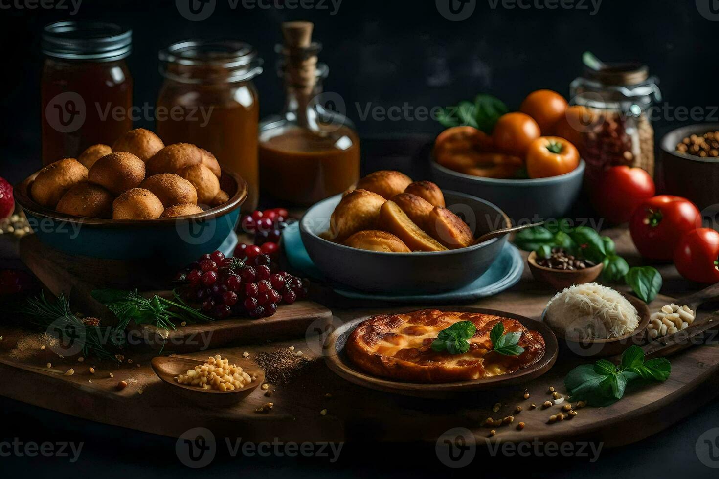 divers voedingsmiddelen Aan een houten tafel. ai-gegenereerd foto