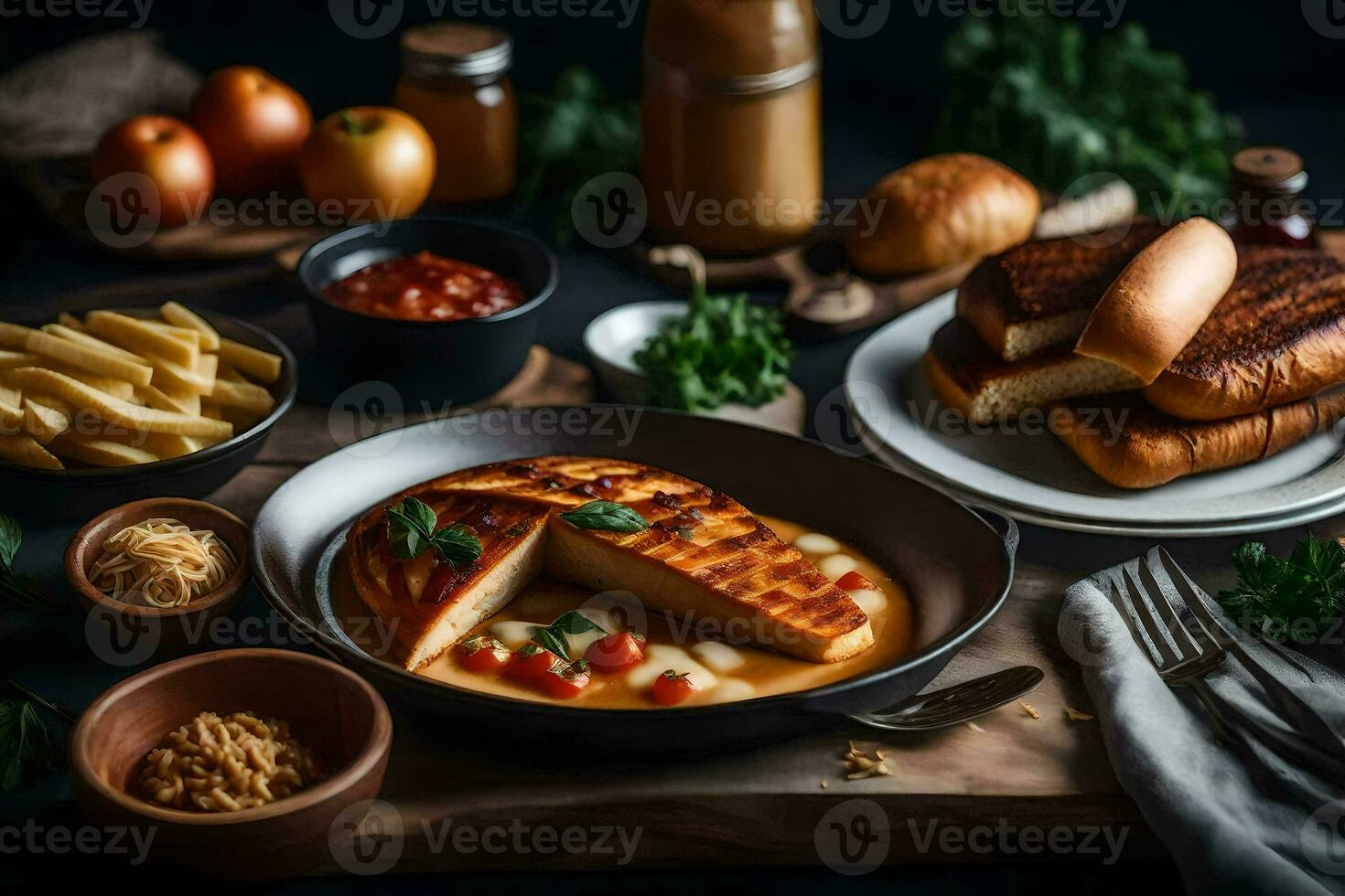 een bord van voedsel met kaas, brood en groenten. ai-gegenereerd foto