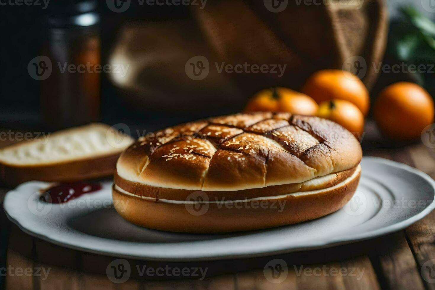 een belegd broodje Aan een bord met sinaasappels en brood. ai-gegenereerd foto
