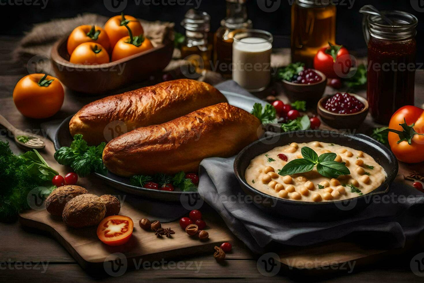 de voedsel is geserveerd Aan een houten tafel. ai-gegenereerd foto