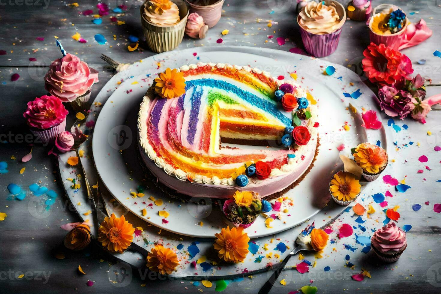 een regenboog taart met een plak missend Aan een bord. ai-gegenereerd foto