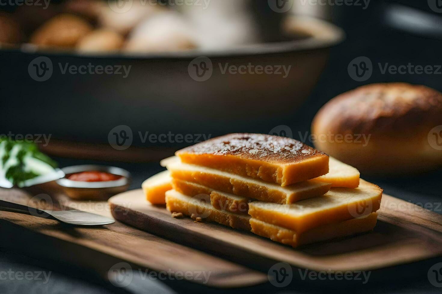 kaas plakjes Aan een snijdend bord met een kom van brood. ai-gegenereerd foto