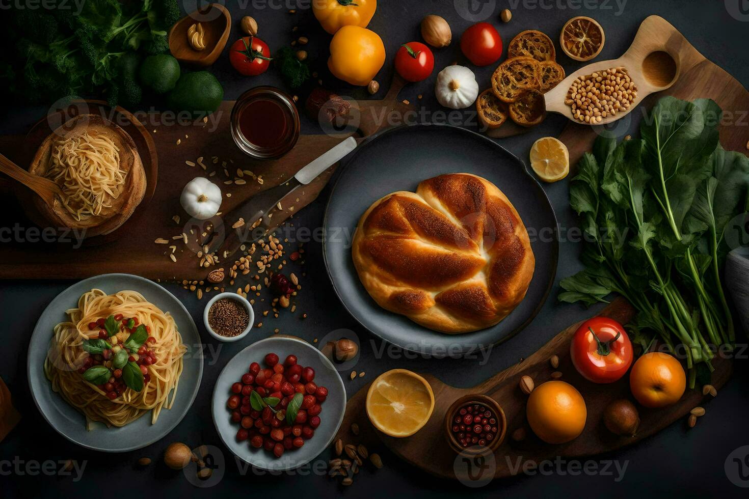 een assortiment van voedsel Aan een tafel. ai-gegenereerd foto