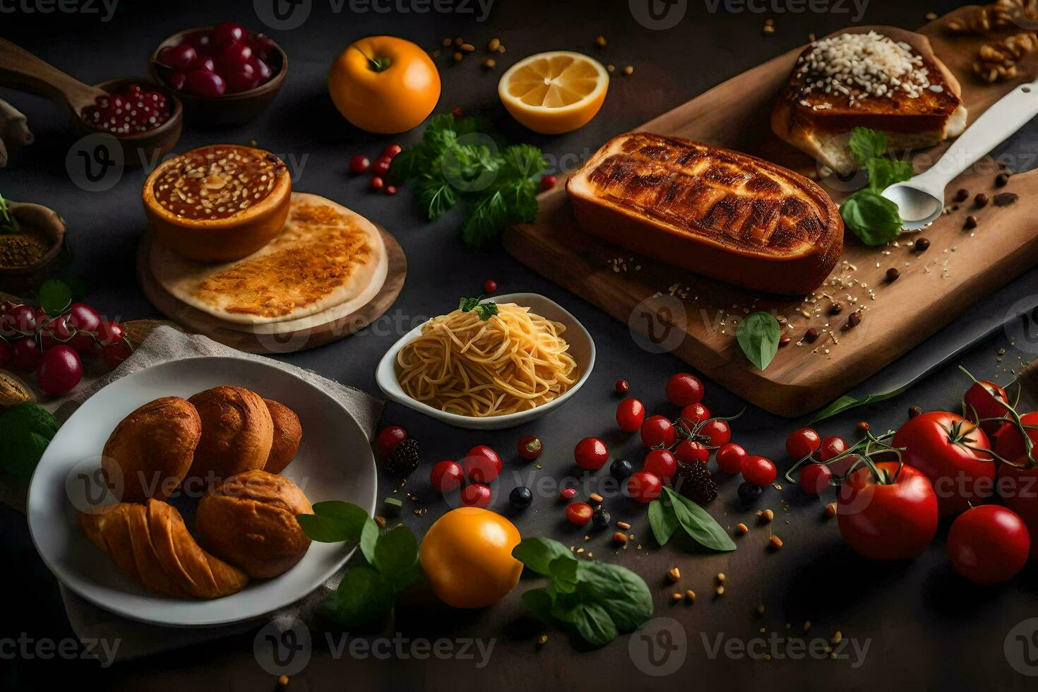 divers voedingsmiddelen inclusief brood, kaas, tomaten, en andere ingrediënten. ai-gegenereerd foto