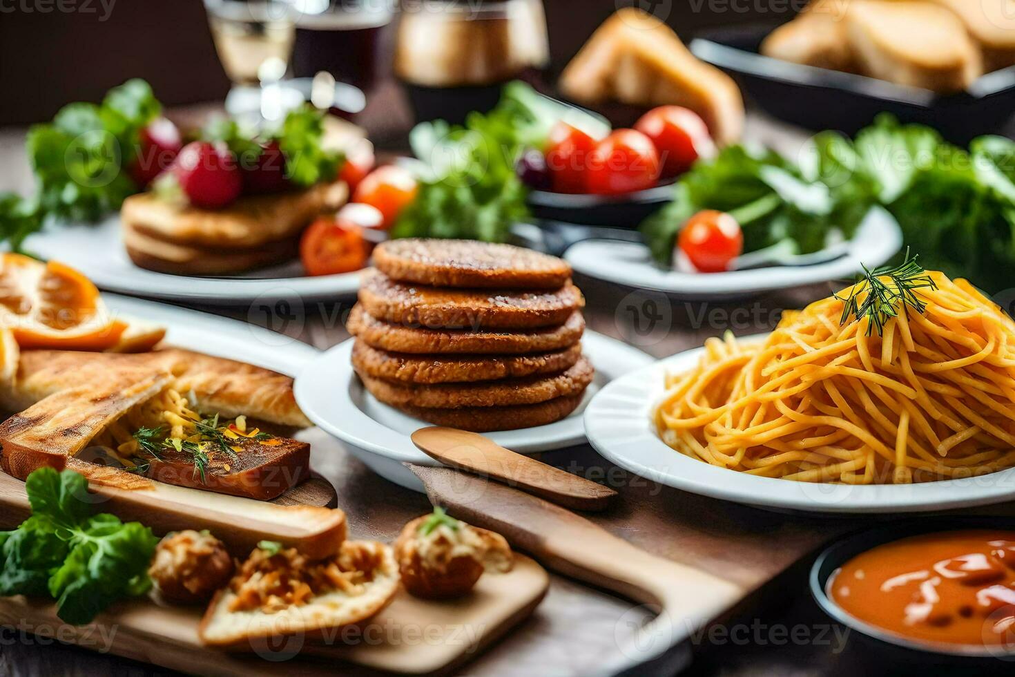 een tafel met divers voedingsmiddelen inclusief pasta, brood, en groenten. ai-gegenereerd foto