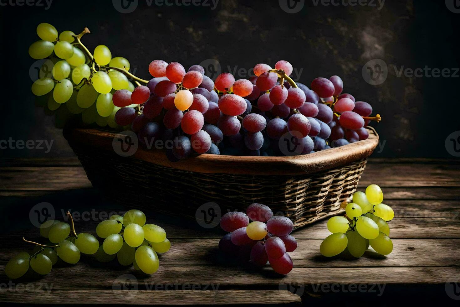 druiven in een mand Aan een houten tafel. ai-gegenereerd foto