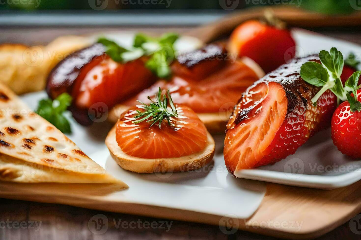 een bord van voedsel met brood, aardbeien en Zalm. ai-gegenereerd foto