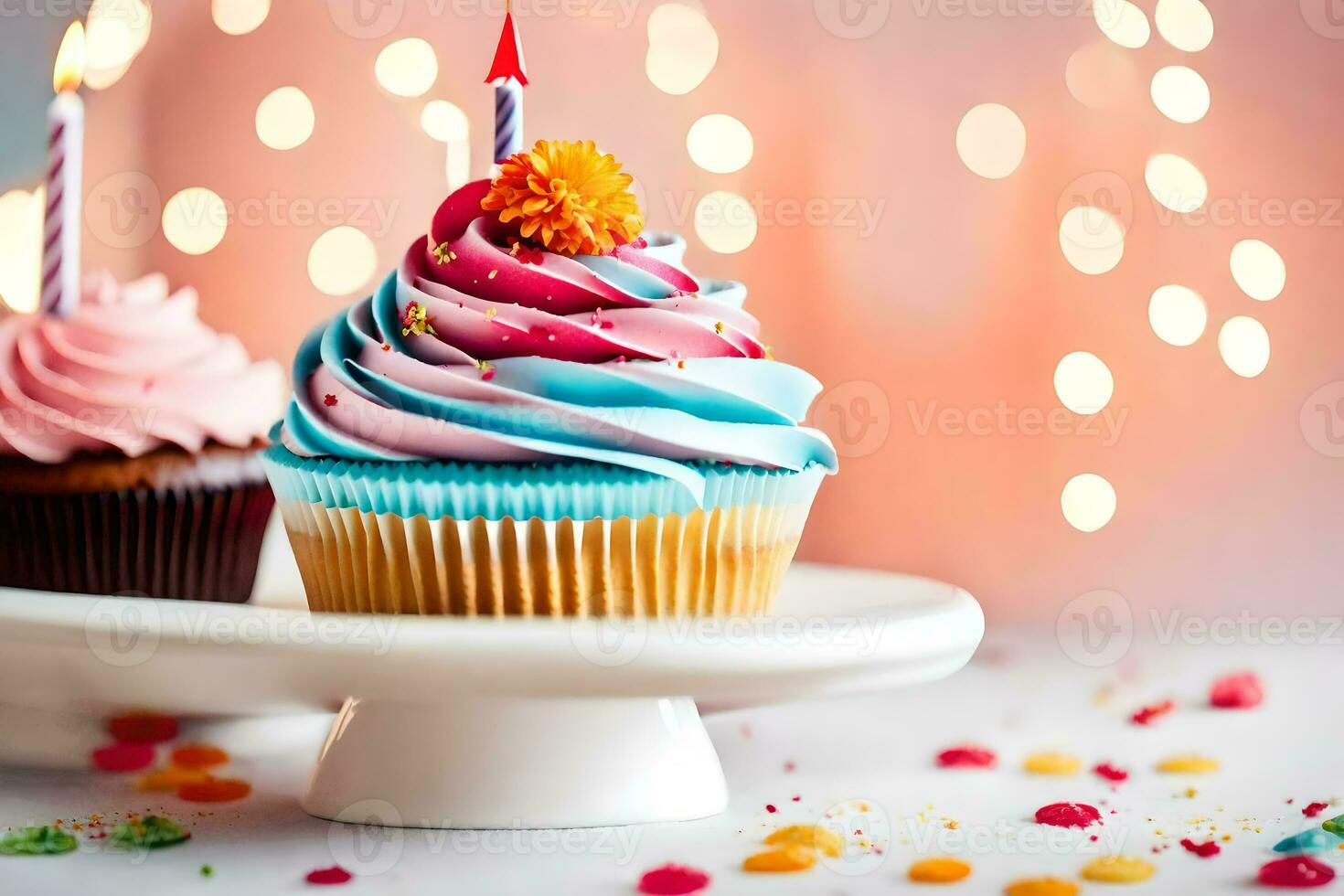twee cupcakes met kleurrijk glimmertjes Aan een wit bord. ai-gegenereerd foto