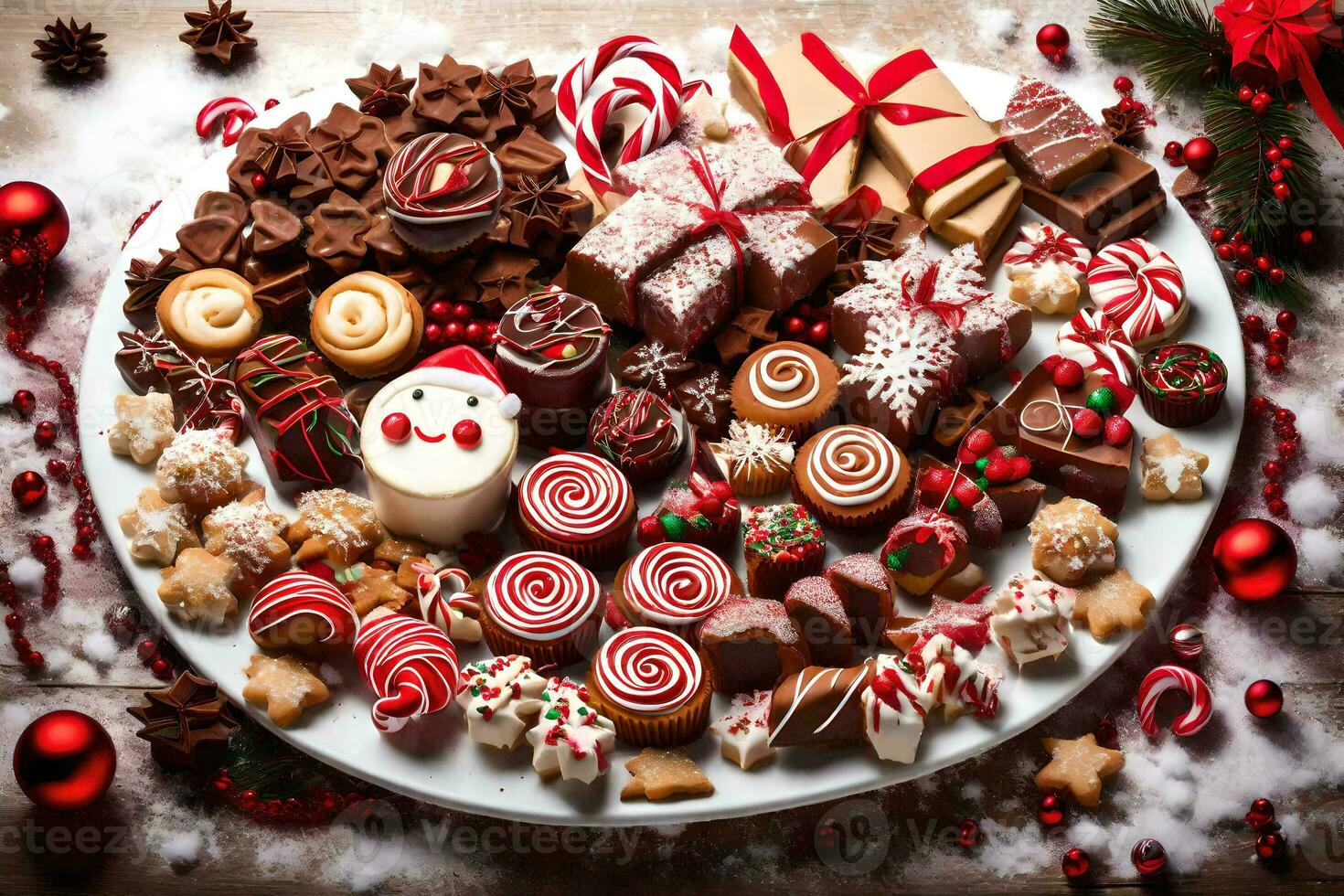 Kerstmis toetje schotel met snoep, koekjes, en andere snoepgoed. ai-gegenereerd foto