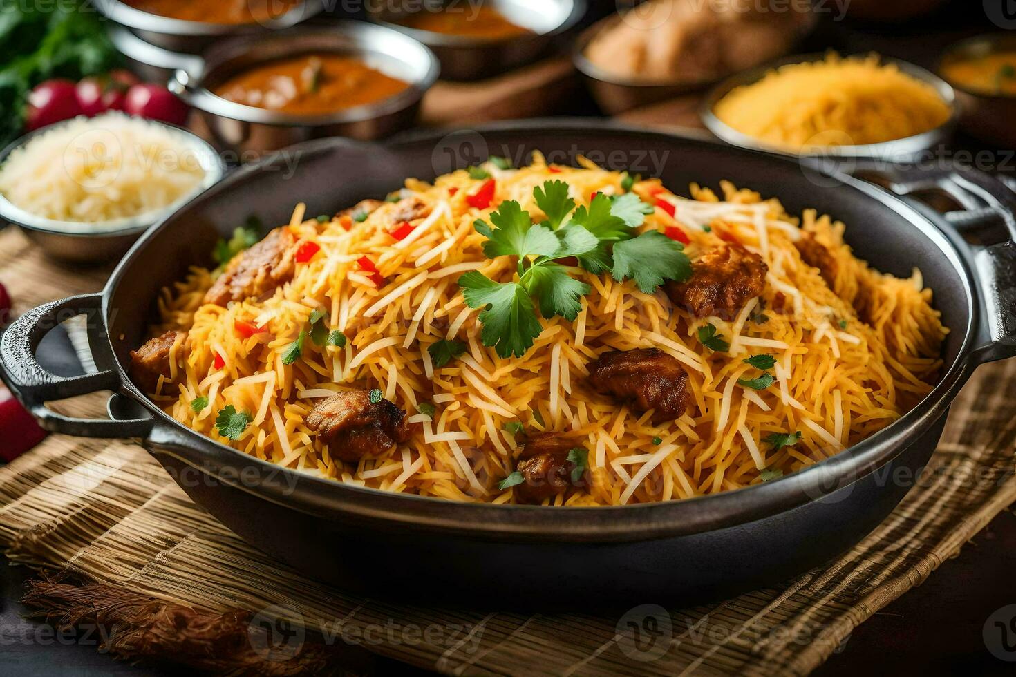 Indisch voedsel in een pan. ai-gegenereerd foto