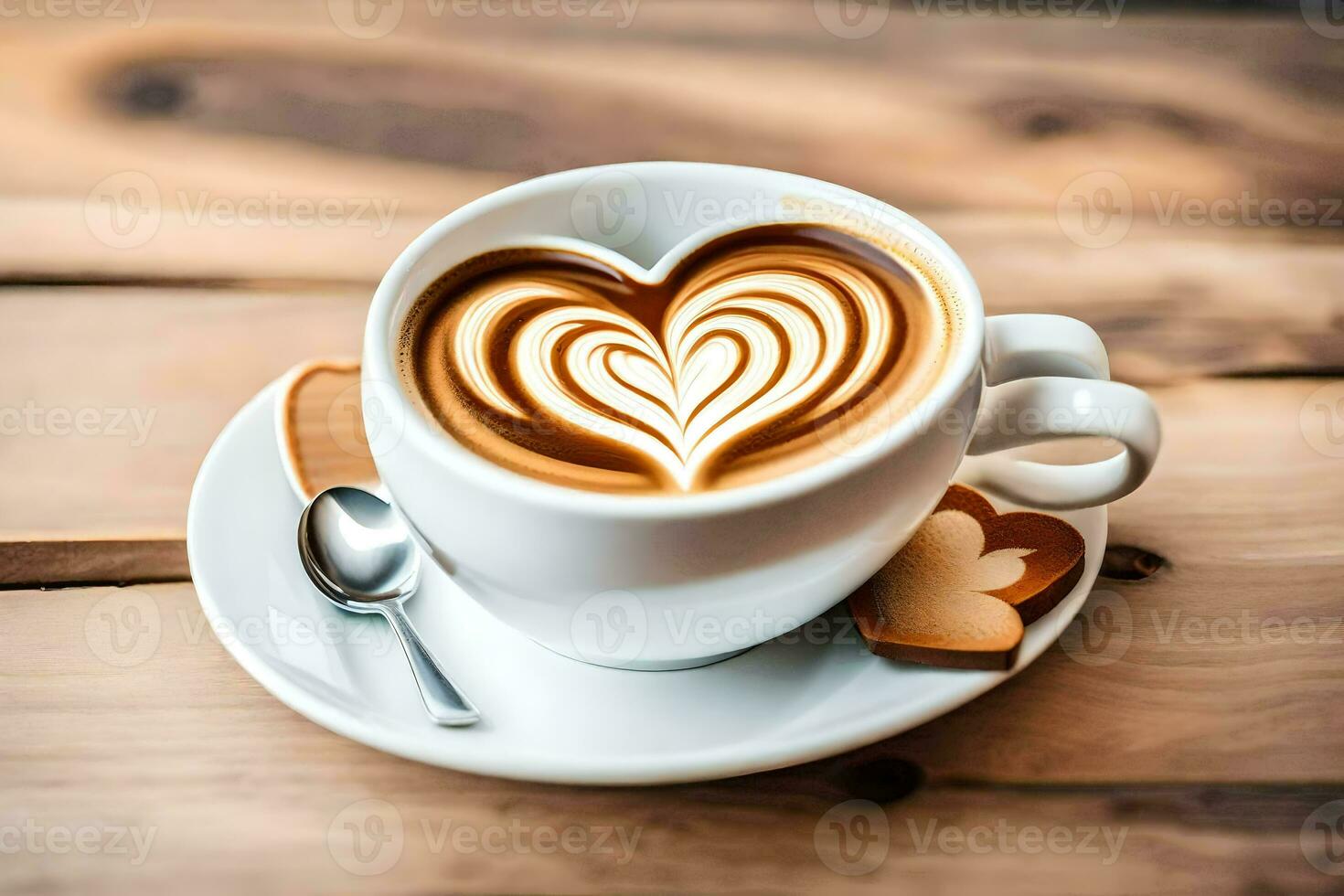 een kop van koffie met hart vormig latte kunst Aan een houten tafel. ai-gegenereerd foto