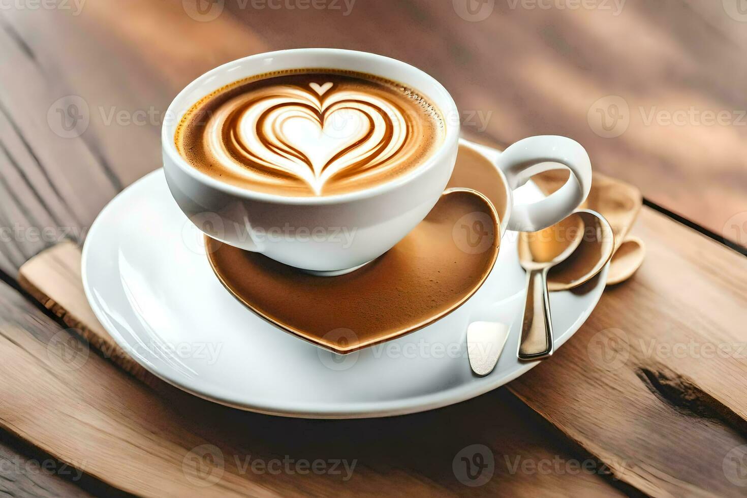 een kop van koffie met hart vormig latte kunst Aan een houten tafel. ai-gegenereerd foto