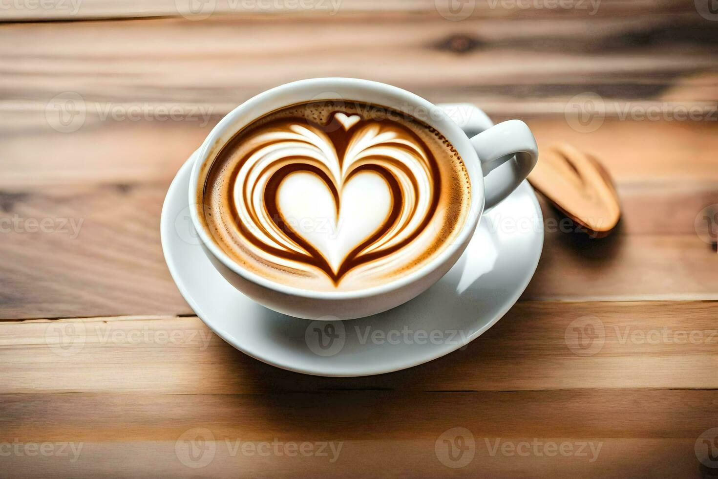 een hart vormig latte in een wit kop Aan een houten tafel. ai-gegenereerd foto