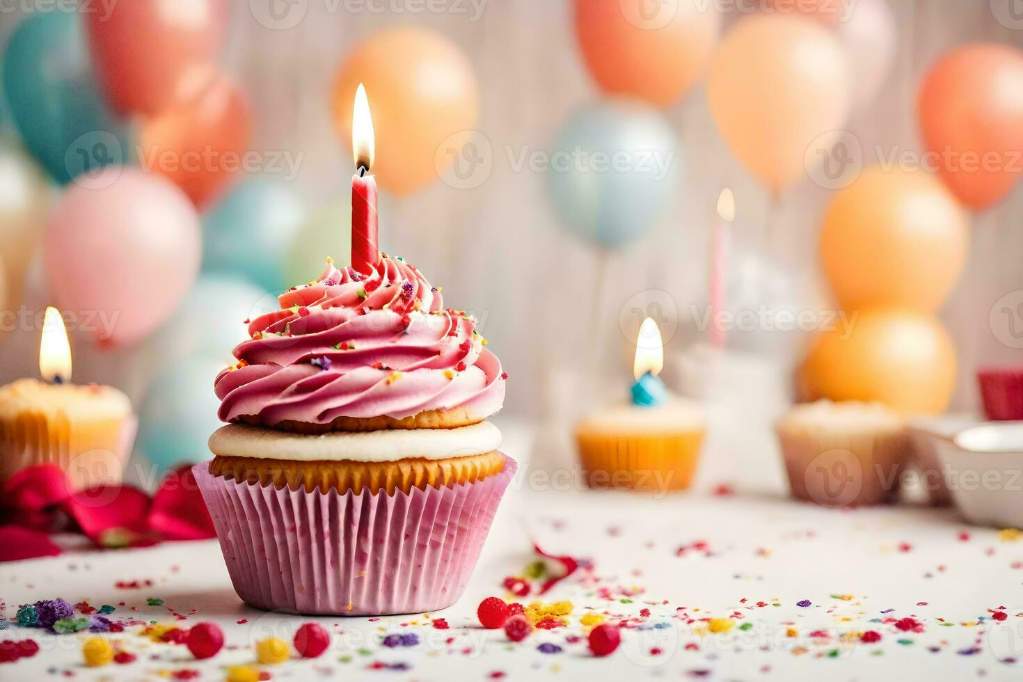 een koekje met een lit kaars Aan top en ballonnen. ai-gegenereerd foto