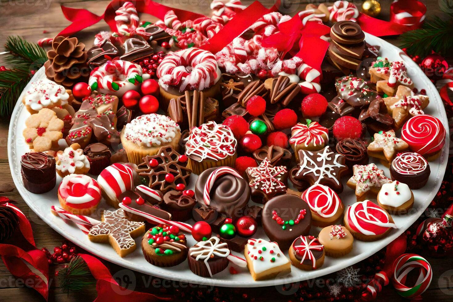 Kerstmis toetje schotel met Kerstmis koekjes en snoepjes. ai-gegenereerd foto