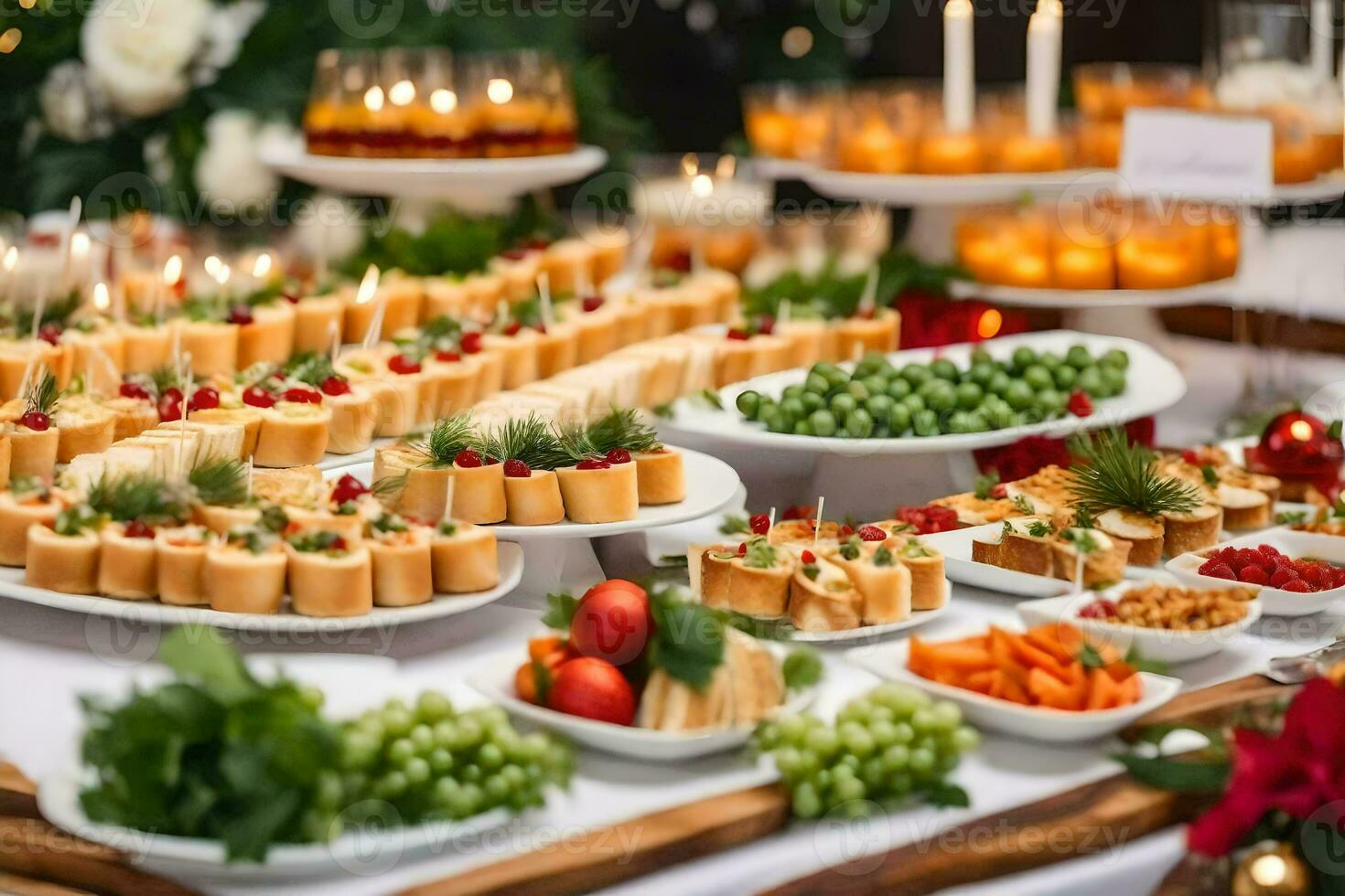 een buffet tafel met veel verschillend types van voedsel. ai-gegenereerd foto