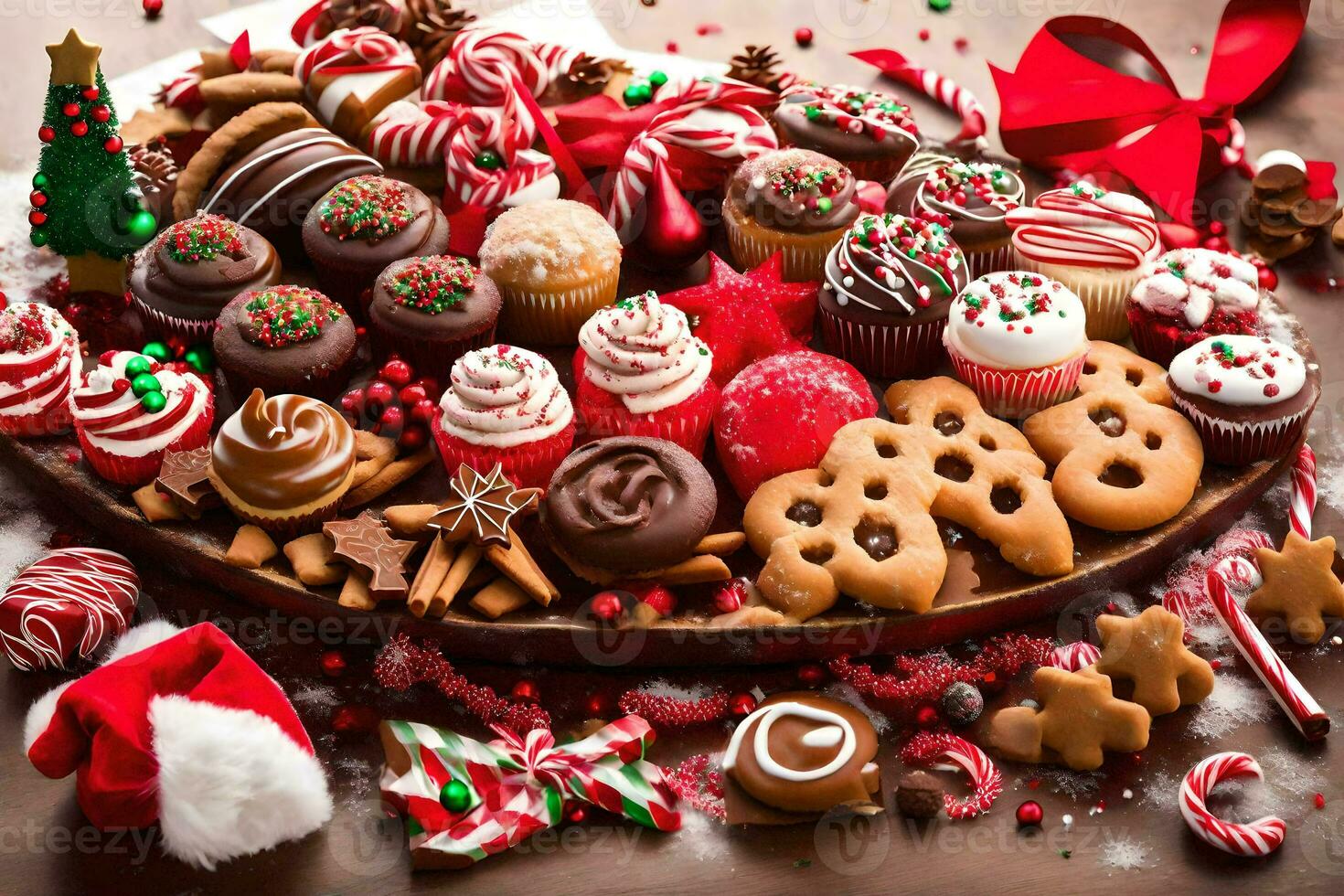 Kerstmis koekjes en snoepjes Aan een houten schotel. ai-gegenereerd foto