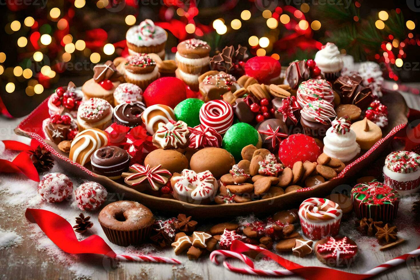 Kerstmis toetje schotel met snoep en koekjes. ai-gegenereerd foto
