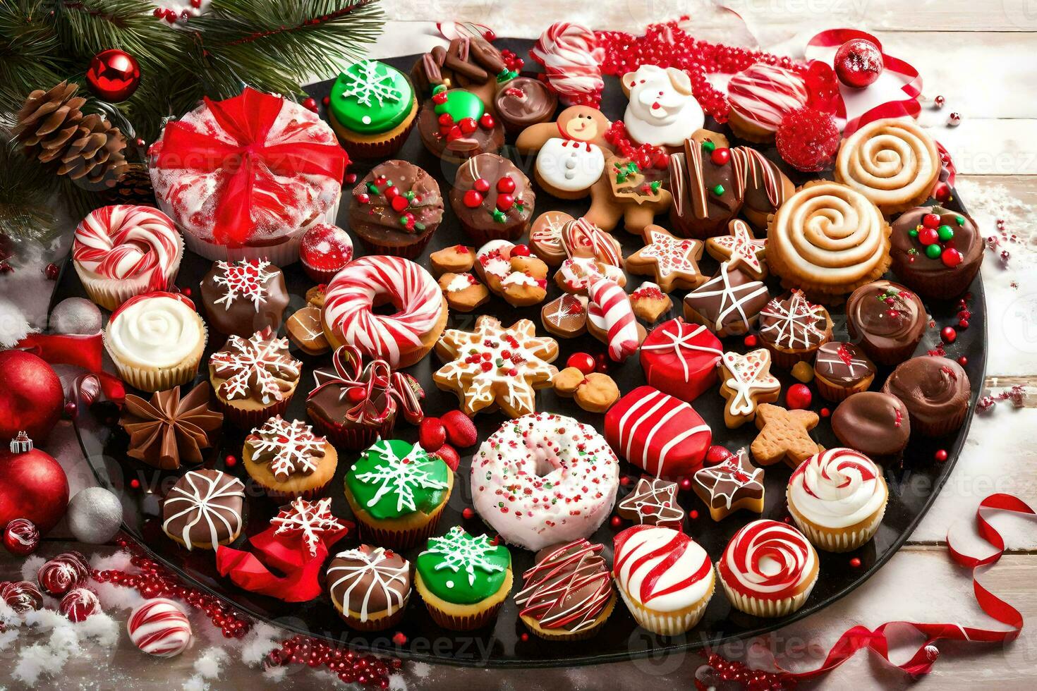Kerstmis cupcakes Aan een schotel. ai-gegenereerd foto