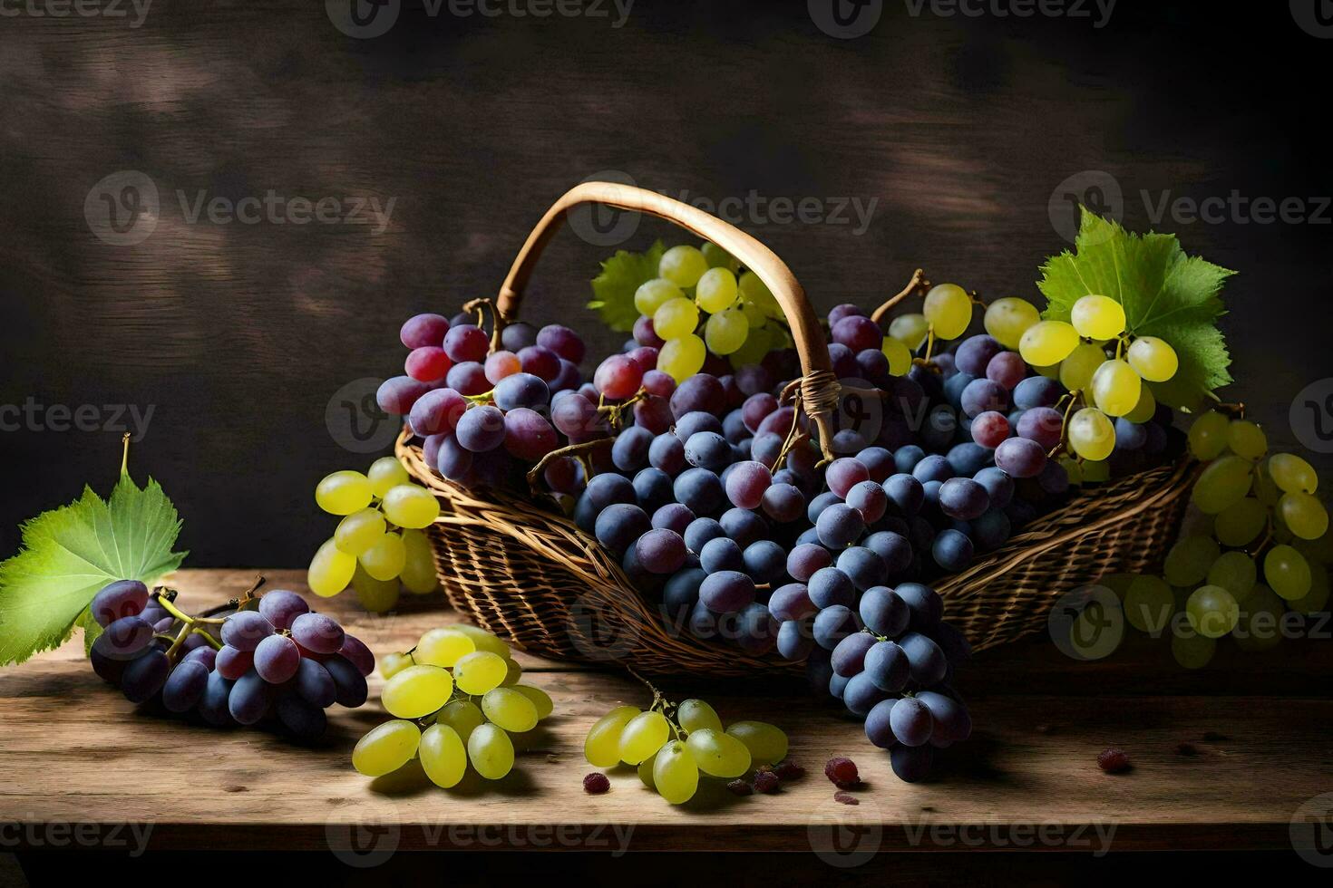 druiven in een mand Aan een tafel. ai-gegenereerd foto