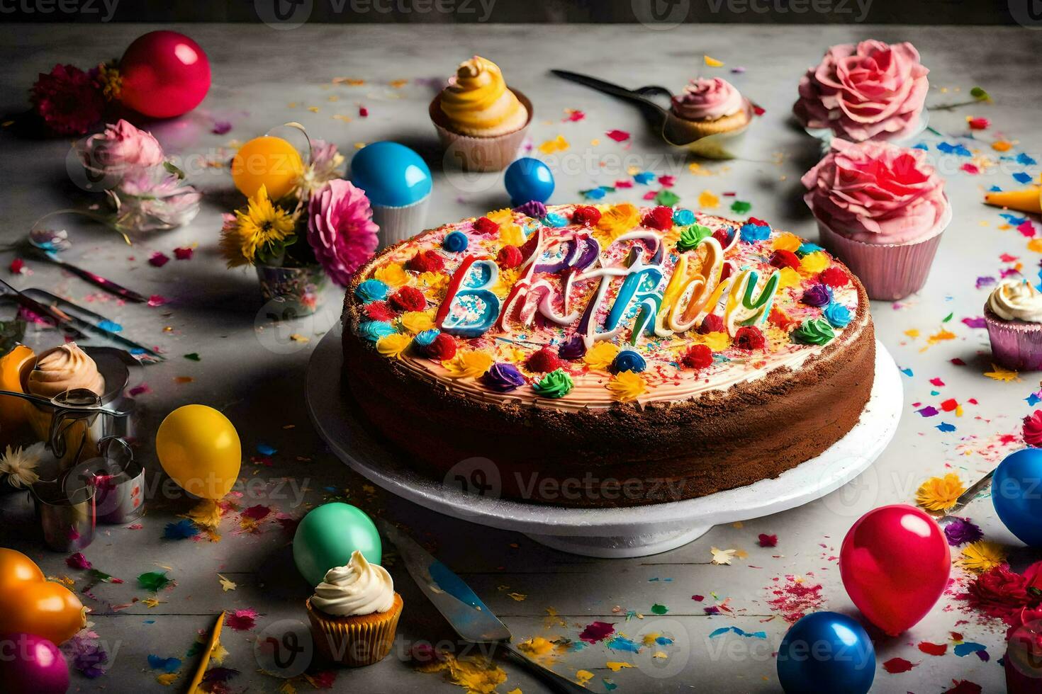 een verjaardag taart met de woord gelukkig geschreven Aan het. ai-gegenereerd foto