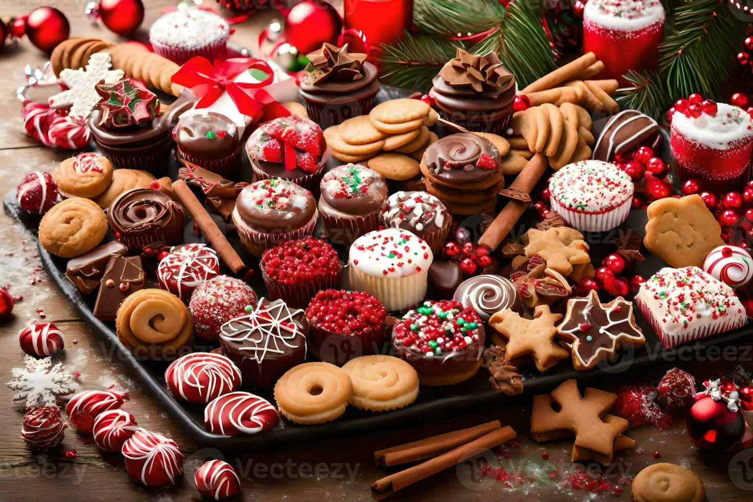 Kerstmis koekjes en desserts Aan een dienblad. ai-gegenereerd foto