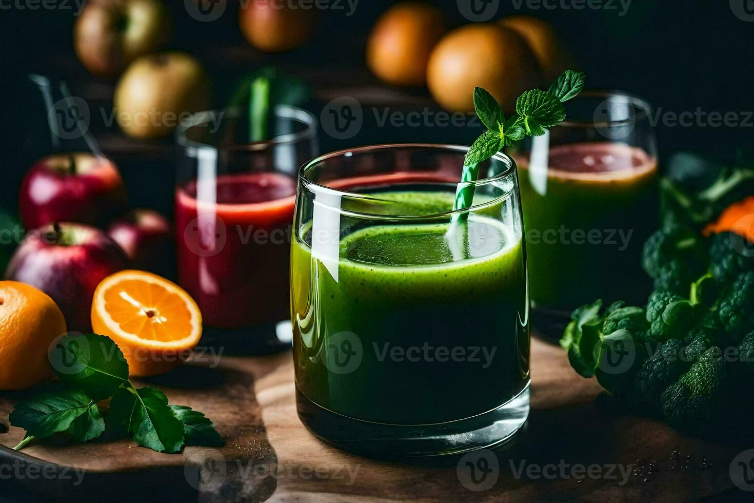 een glas van groen sap met fruit en groenten. ai-gegenereerd foto