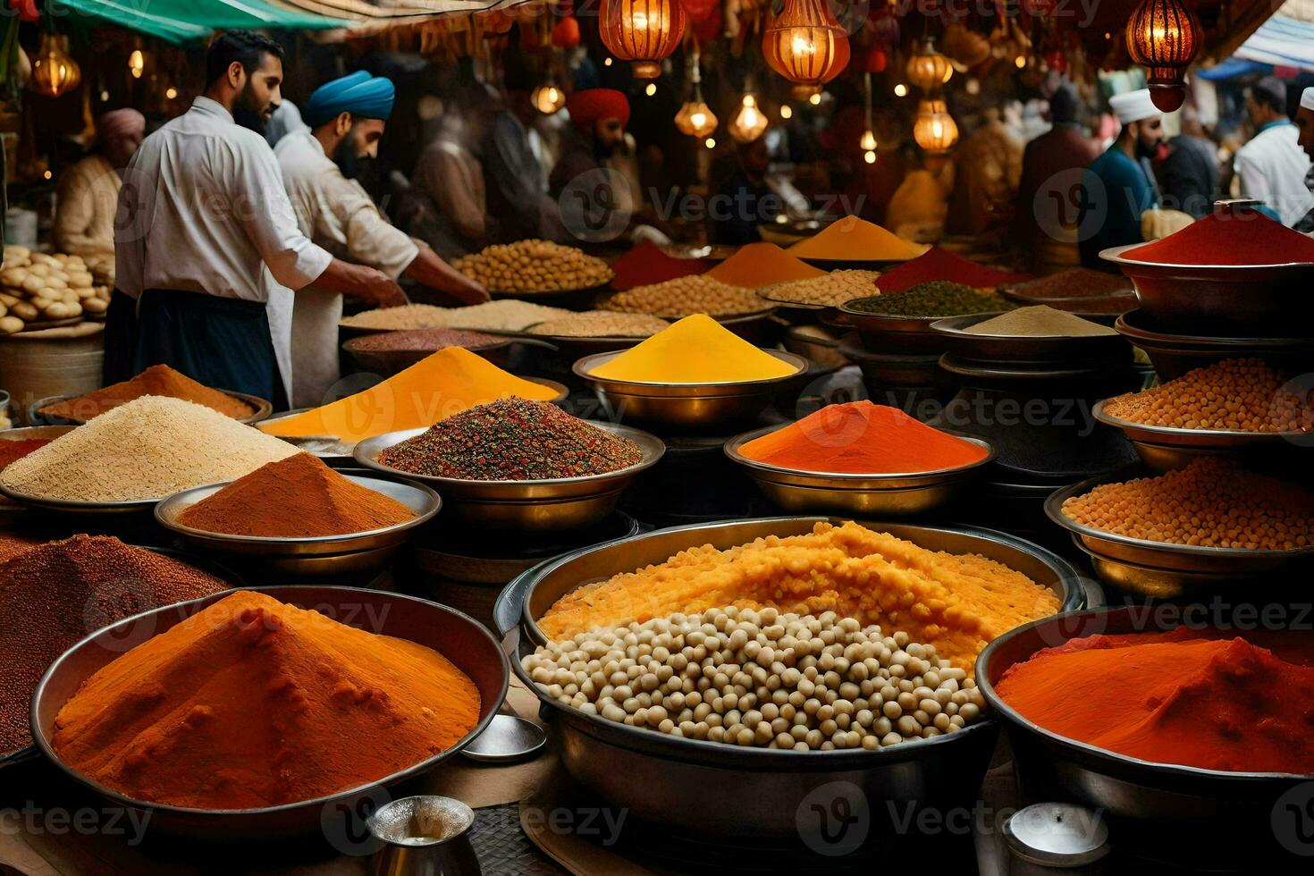 een markt met veel kommen van specerijen en andere artikelen. ai-gegenereerd foto