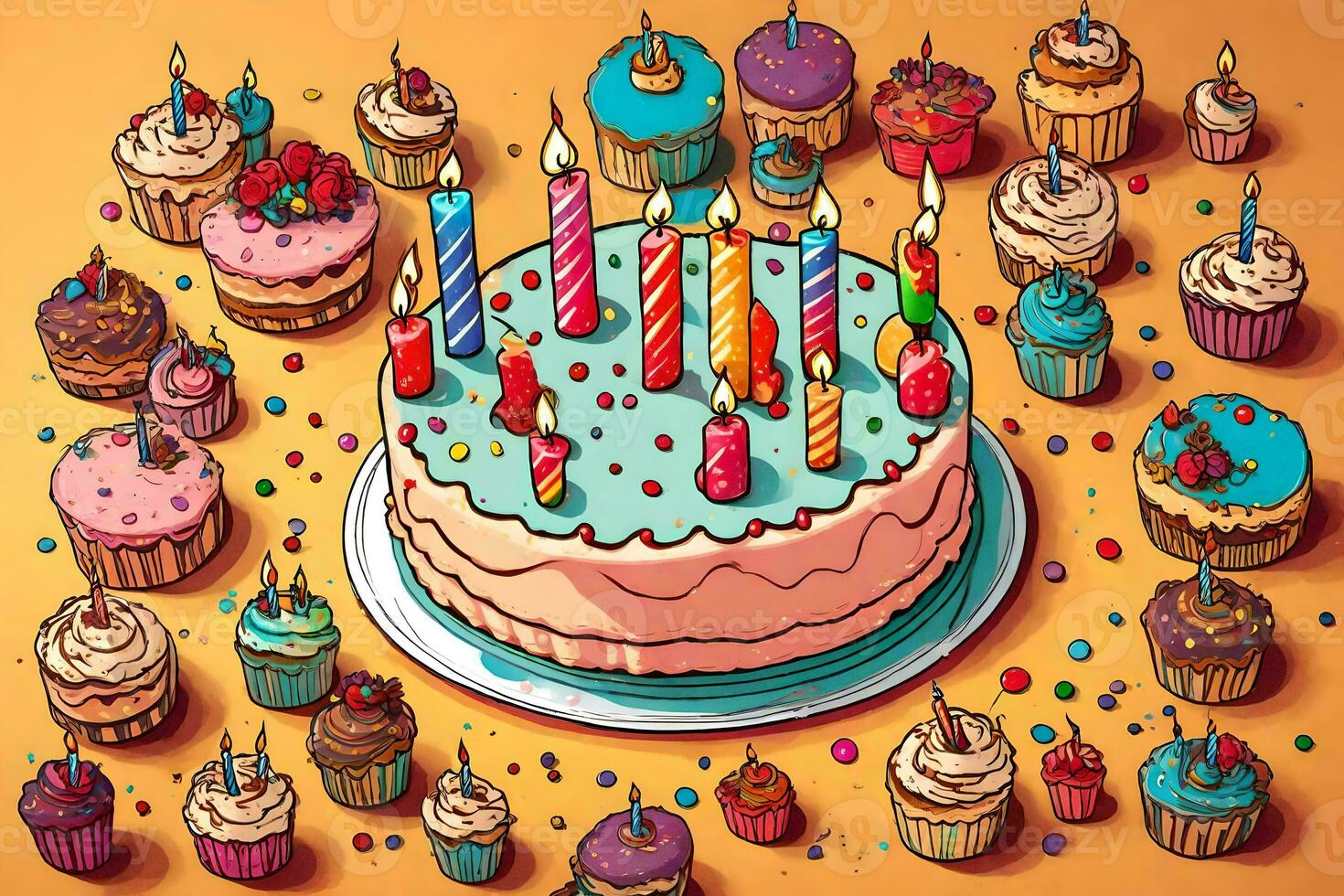 illustratie van een verjaardag taart met kaarsen. ai-gegenereerd foto