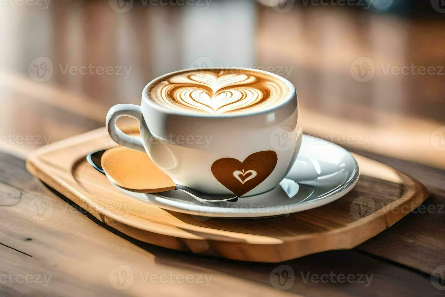 een kop van koffie met een hart ontwerp Aan de beker. ai-gegenereerd foto
