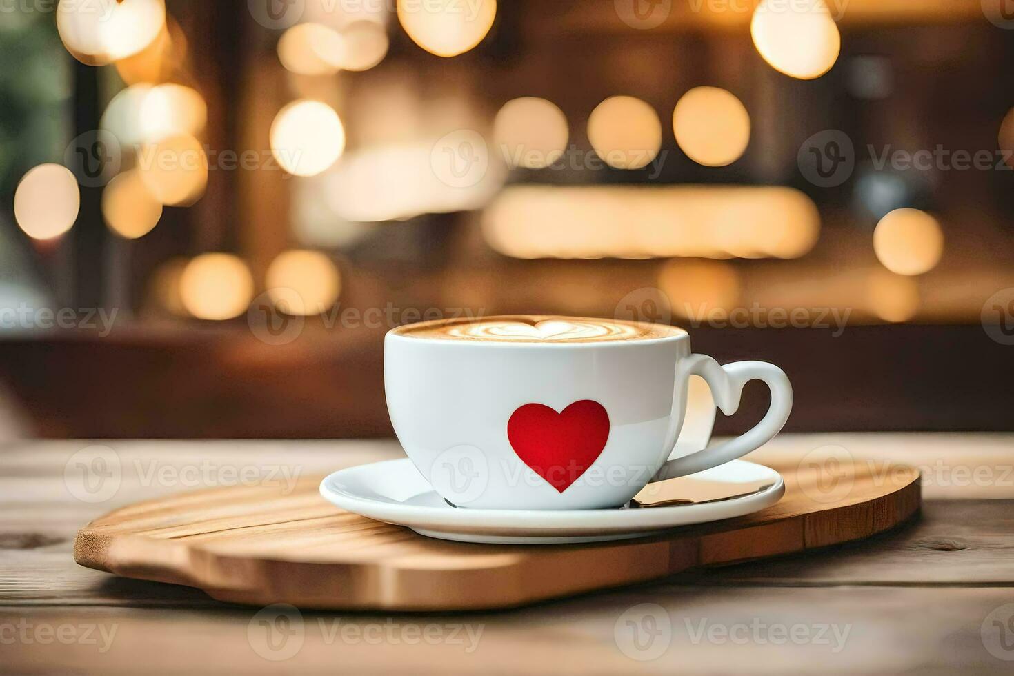 een kop van koffie met een hart Aan de schotel. ai-gegenereerd foto