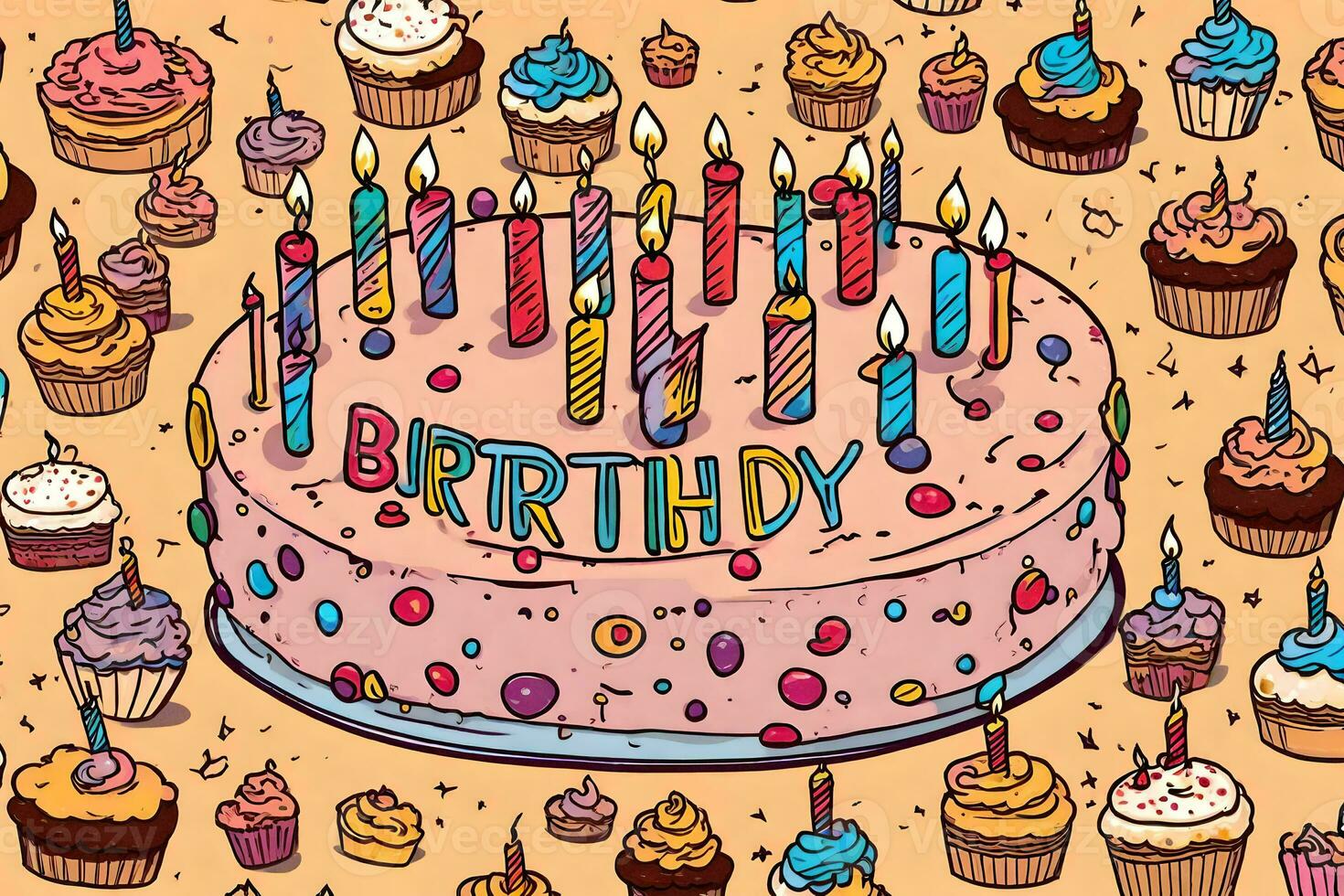 verjaardag taart met kaarsen en cupcakes Aan een beige achtergrond. ai-gegenereerd foto