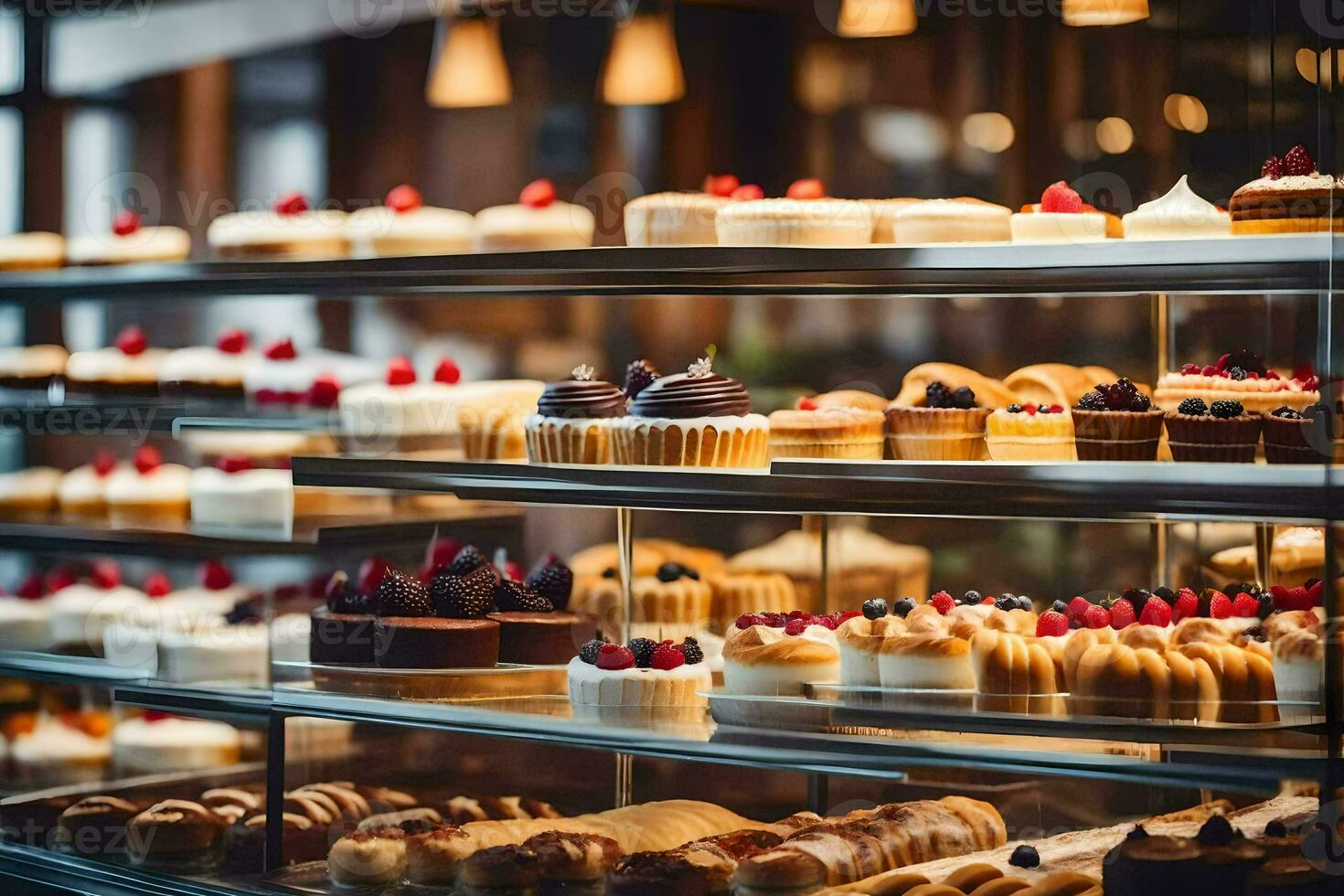 veel verschillend types van cakes zijn Aan Scherm in een bakkerij. ai-gegenereerd foto