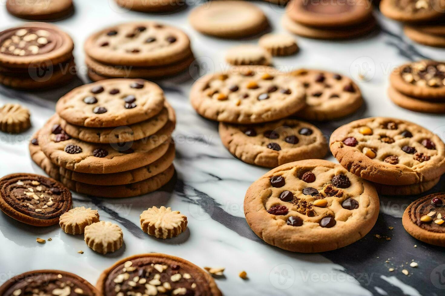 een stapel van koekjes Aan een marmeren balie. ai-gegenereerd foto