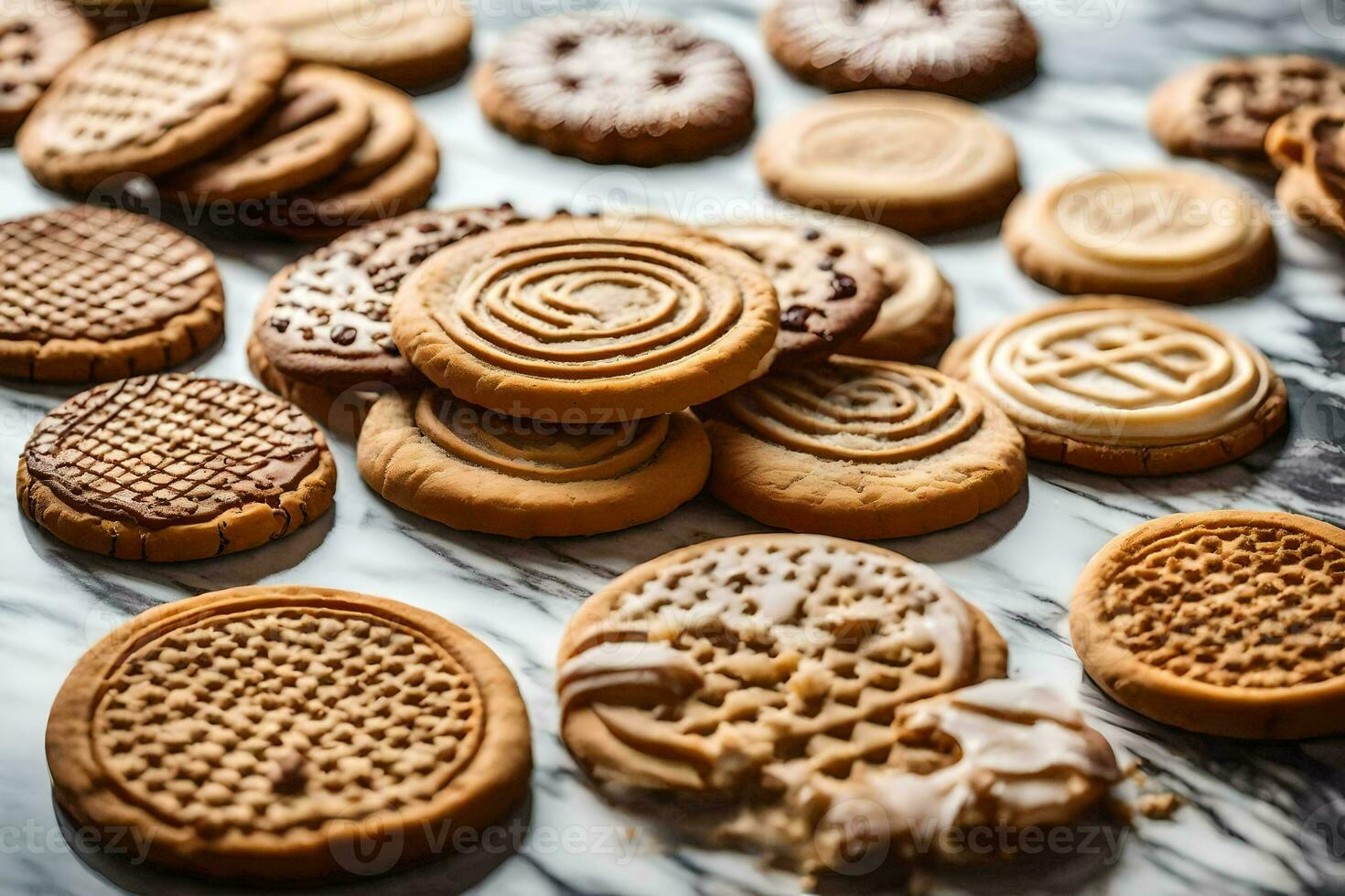 een verscheidenheid van koekjes zijn geregeld Aan een marmeren oppervlak. ai-gegenereerd foto