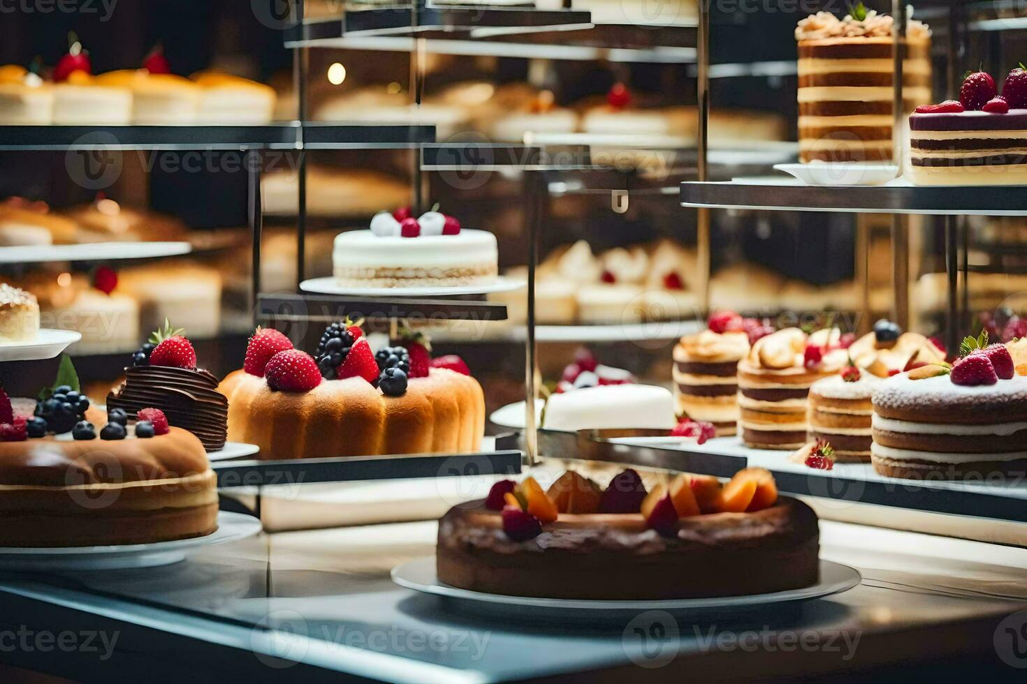 veel verschillend types van cakes zijn Aan Scherm in een glas geval. ai-gegenereerd foto