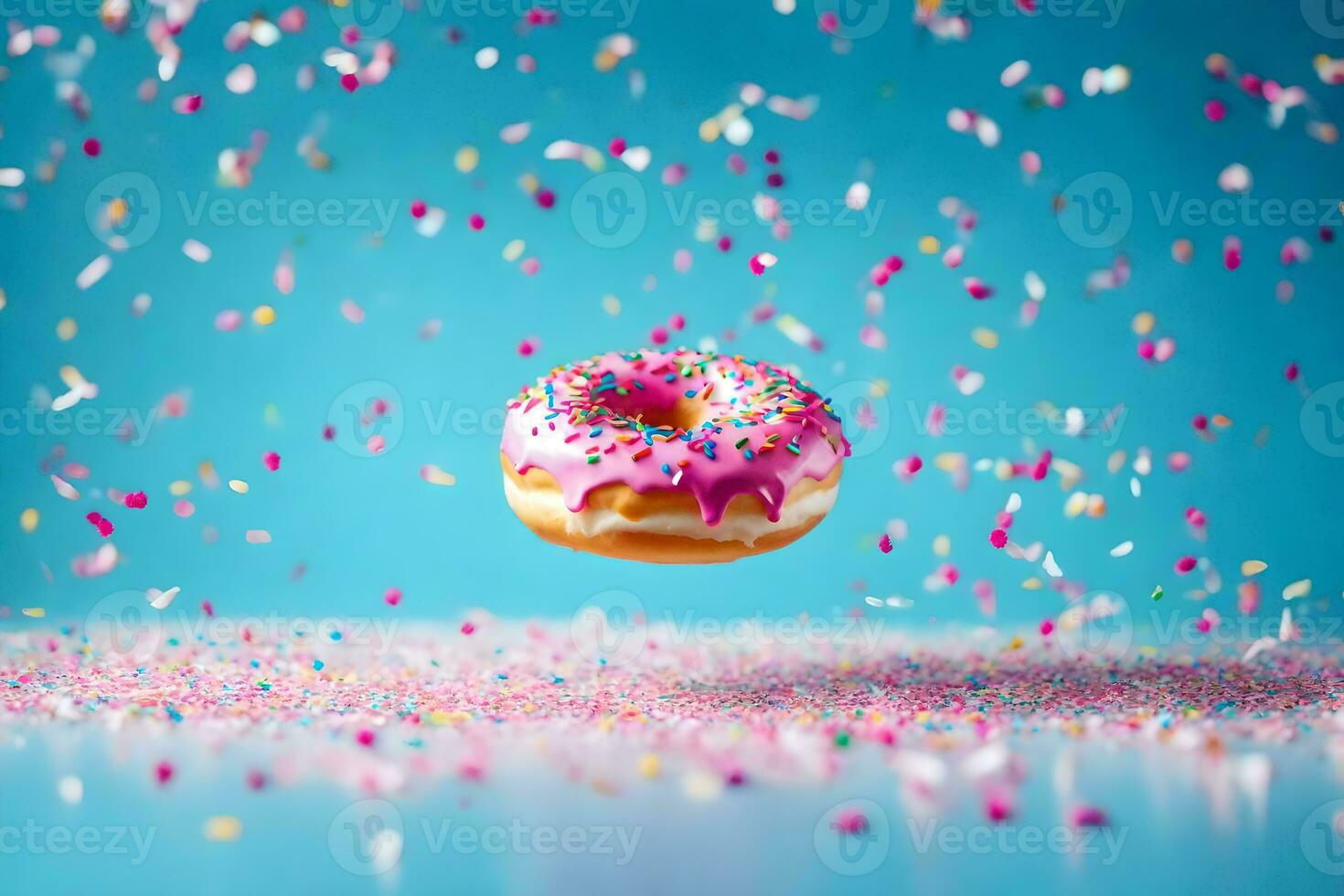 een donut met hagelslag Aan een blauw achtergrond. ai-gegenereerd foto