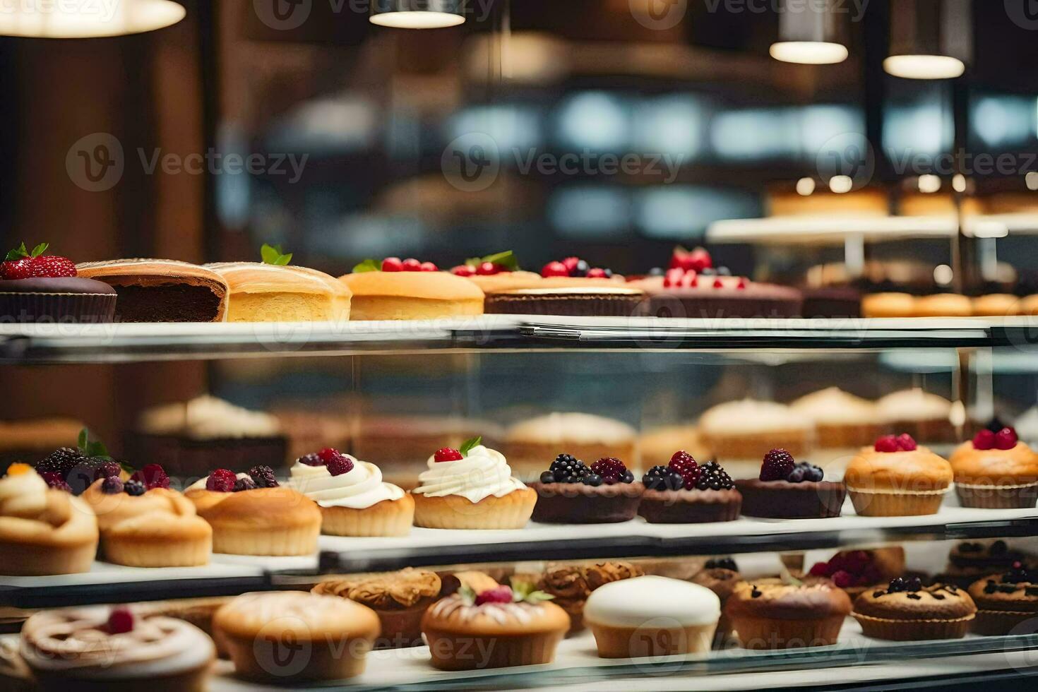 veel verschillend types van cakes zijn Aan Scherm in een bakkerij. ai-gegenereerd foto