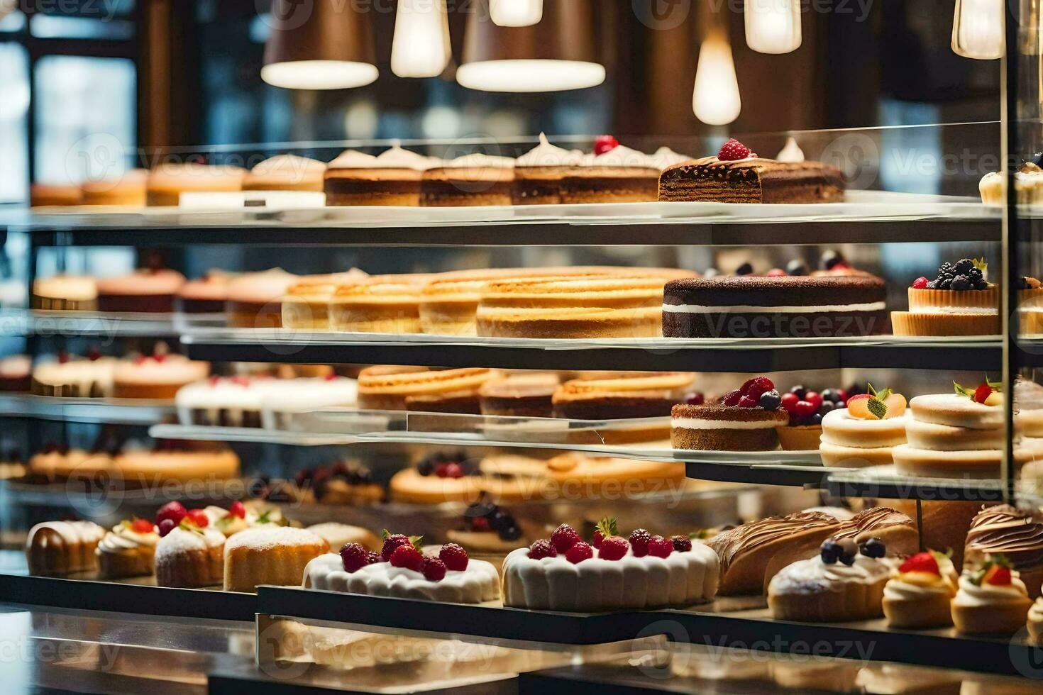 veel verschillend types van cakes zijn Aan Scherm in een bakkerij. ai-gegenereerd foto