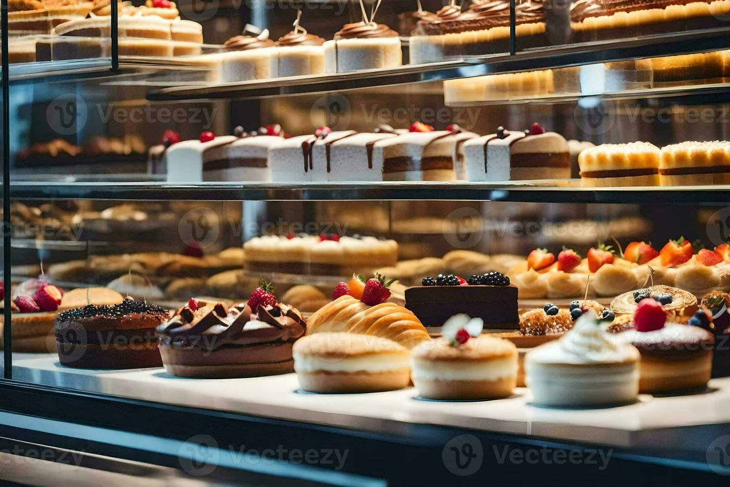 een Scherm geval gevulde met divers types van gebakjes. ai-gegenereerd foto