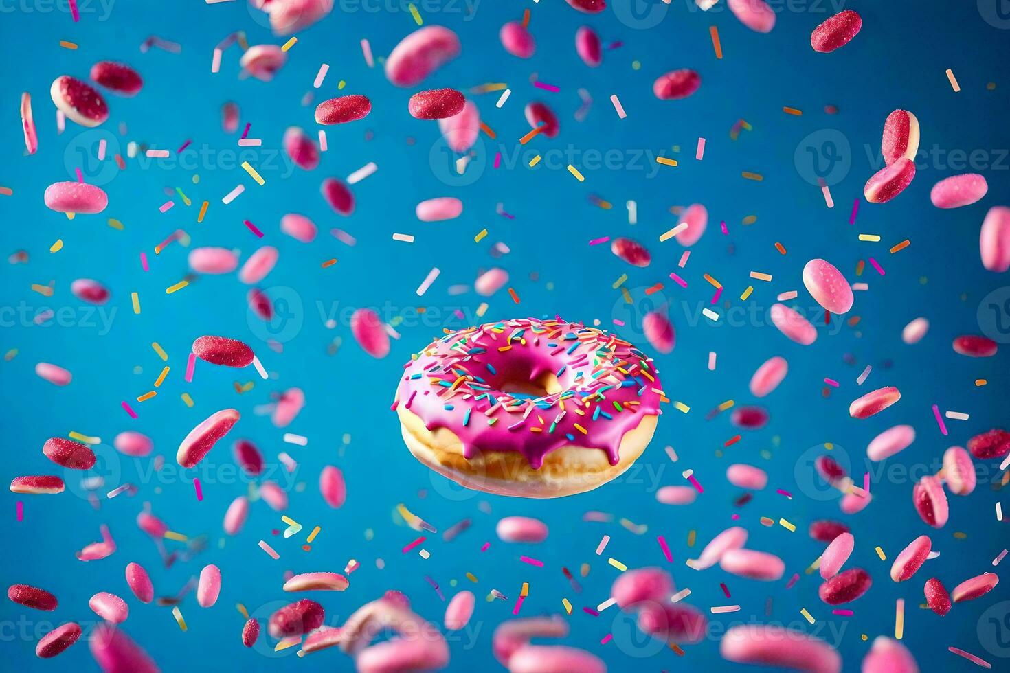 een donut met hagelslag Aan een blauw achtergrond. ai-gegenereerd foto