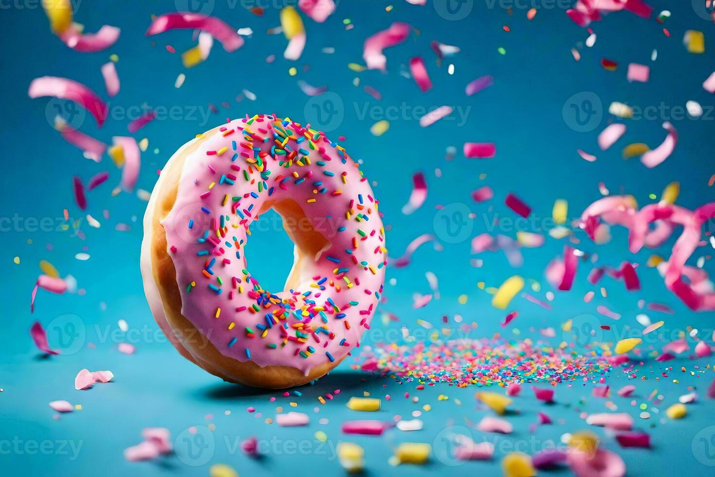 een donut met hagelslag Aan een blauw achtergrond. ai-gegenereerd foto